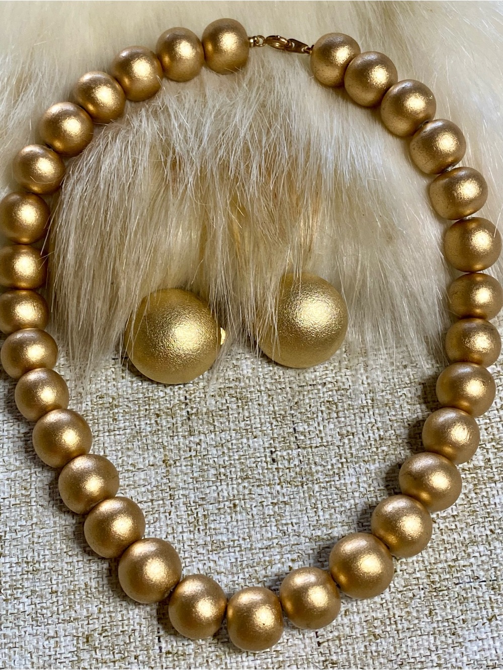 Gold Bead Necklace with Matching Clip-On Earrings - Women Jewelry